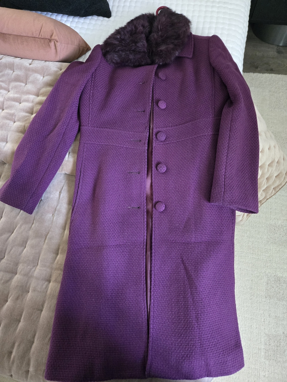 Marciano Purple Wool Coat with Detachable Fur Collar